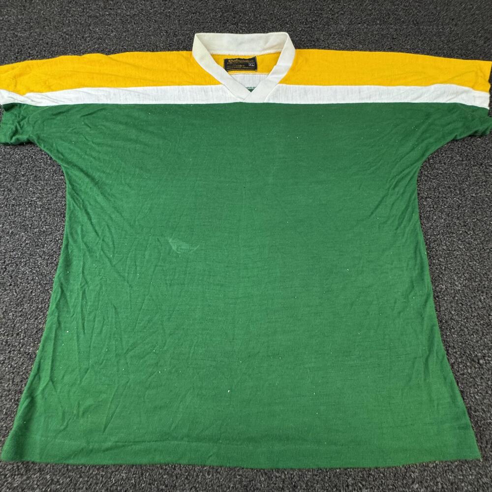 Vtg Swingster Shirt Mens XL Green Colorblock V-Neck Jersey Cotton Rugby 80s